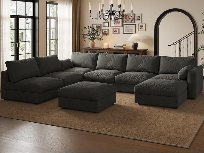 Cloud Modular Sectional Sofa Couch with Storage Ottoman, 128" Oversized Sectional Couches for Living Room, Cloud Modular U-Shaped Sofa with Chaise, 8 Seater, Chenille, Dark Gray