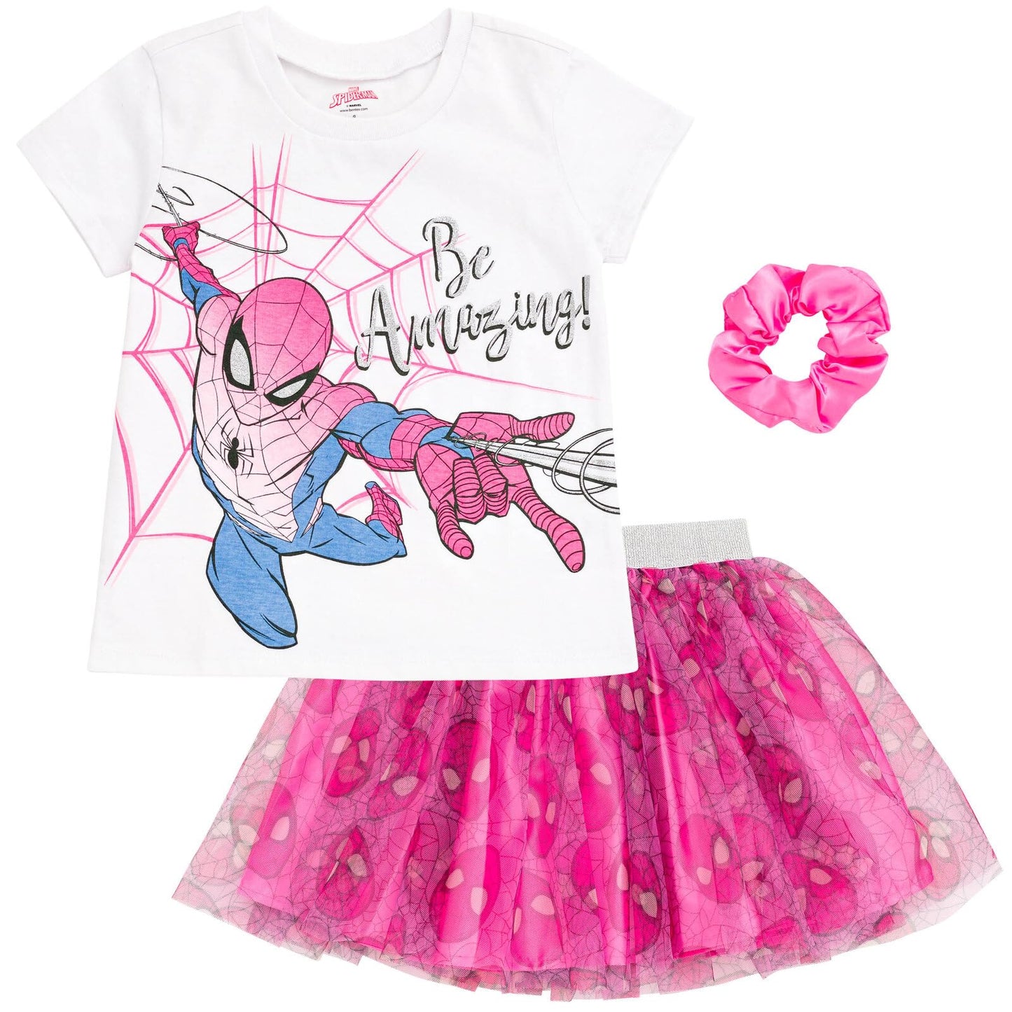 Marvel Spider-Man Toddler Girls T-Shirt Tulle Mesh Skirt and Scrunchie 3 Piece Outfit Set White/Pink 2T