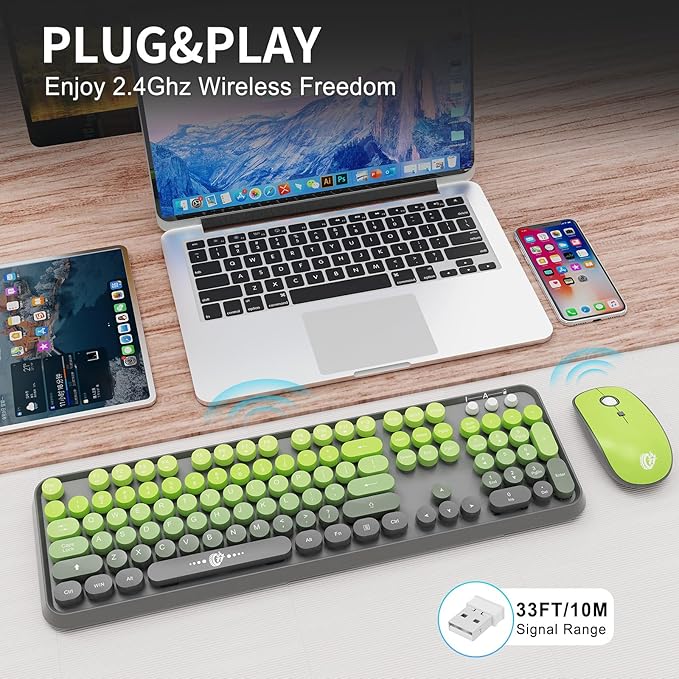 FOPETT Wireless Keyboard and Mouse Combo - 2.4G Full-Sized Cute Colorful Mouse and Keyboard with 104 Round Keys Retro Typewriter Keyboard for Laptop/Windows/PC - Grey Green