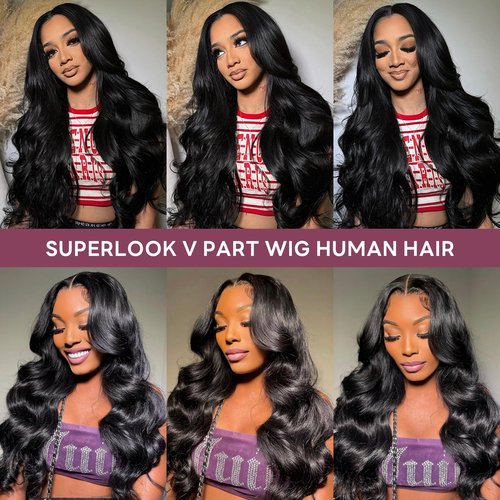 SUPERLOOK V Part Wig Human Hair Body Wave Glueless Wigs Human Hair Clip in V-Part Wigs Beginner Friendly No-Sew In No Glue Upgrade U Part Human Hair Wig 210% Density (18Inch,V Part Body Wave Wigs)