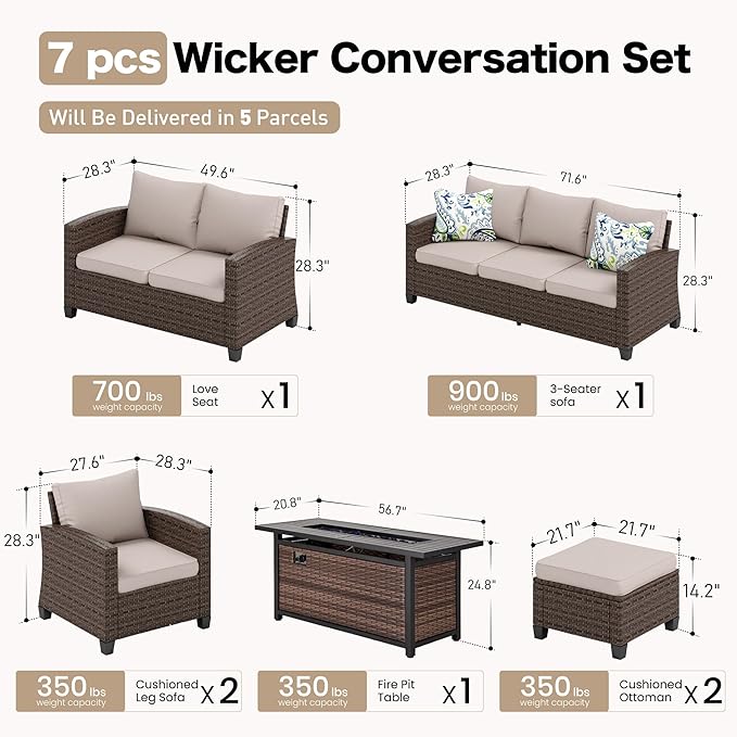 SUNSHINE VALLEY Patio Furniture Set Outdoor Furniture Brown Wicker Rattan Patio Conversation Sets with Cushion Outside Sofa Set,6 Pieces with Rectangular Firepit Table,9 Seats,Beige