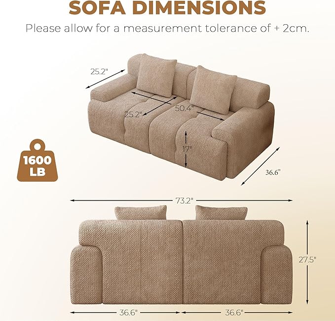 73" Modern Modular Sectional Sofa, 2 Seater Convertible Chenille Cloud Couch Sofa Set, Boneless Couches for Living Room with Ottoman, No Assembly Required, Brown
