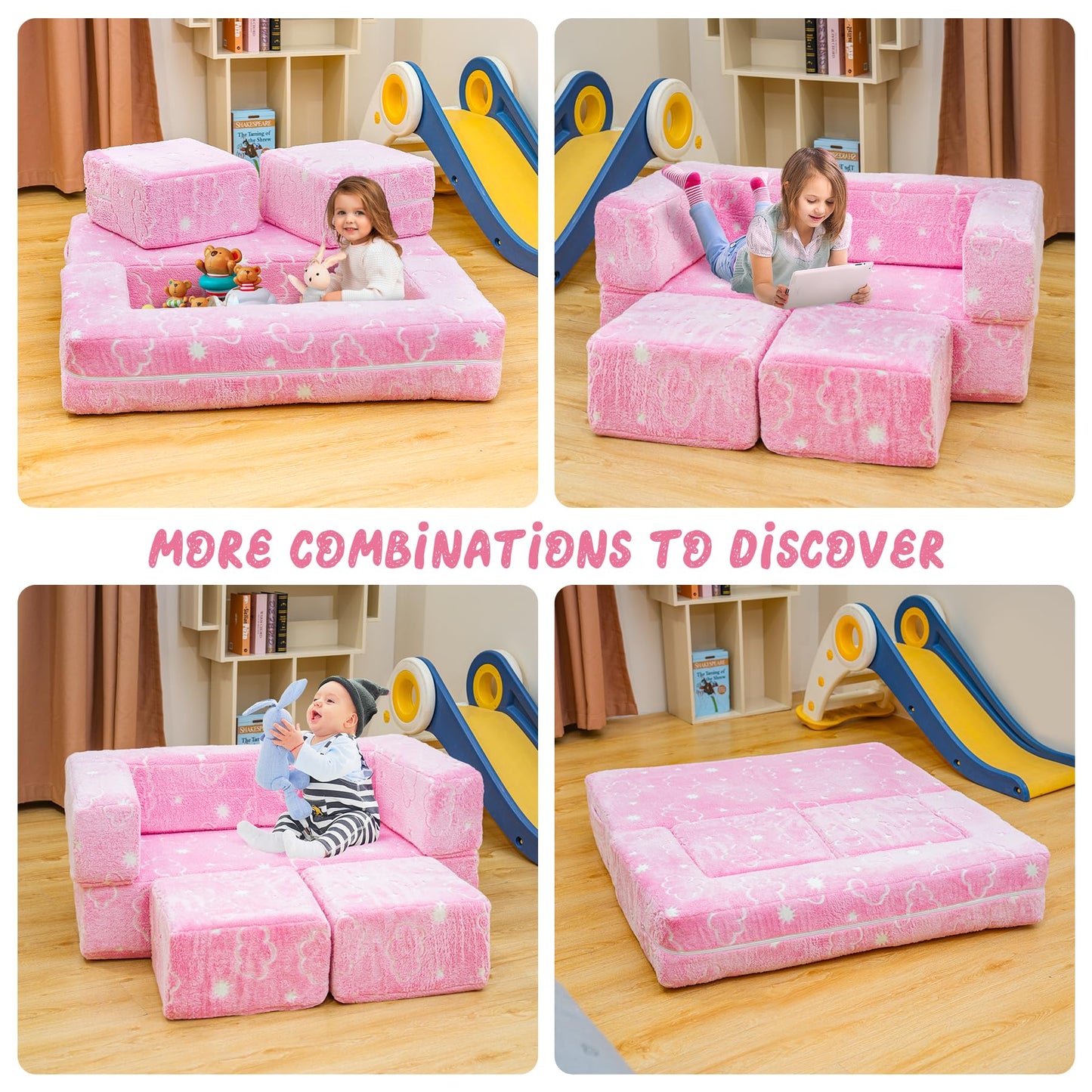 furlinkhm Toddler Couch, Glow in The Dark Kids Play Couch Toddler Fold Out Couch, Kids Fold Out Couch for playroom, Convertible Baby Fold Out Play Foam and Floor Cushion for Bedroom, Pink+Clouds