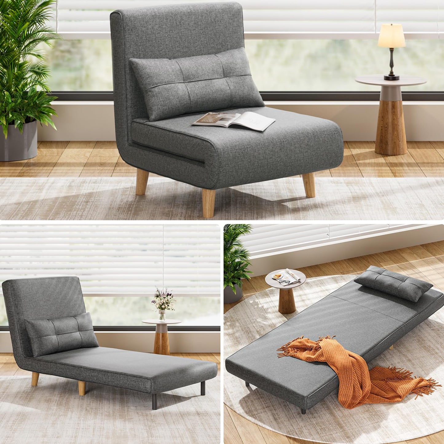 Aiho 3 in 1 Sleeper Chair Bed, Convertible Chair Bed Futon Sofa with Adjustable Backrest, Accent Chair for Apartment/Bedroom/Office, Dark Grey