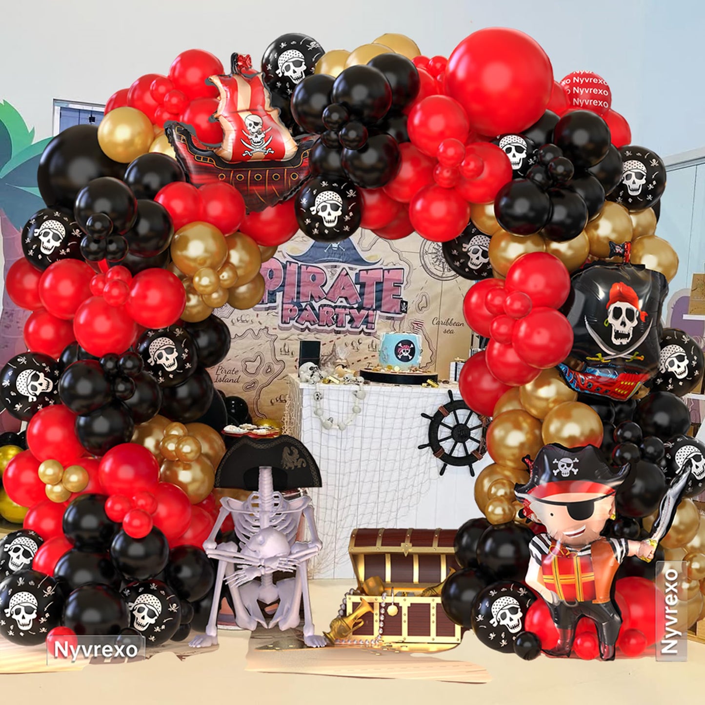 Pirate Birthday Party Decorations, 142Pcs Red Black Metallic Gold Balloon Garland Arch Kit with Pirate Ship Foil Mylar Balloon for Summer Sea Sailing Adventure Ocean Theme Halloween Party
