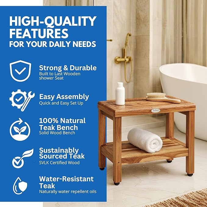 EcoDecors Eleganto 24 Inch Natural Color Waterproof Teak Wood Shower Bench Stool Seat Chair For Inside Shower Provides Safety, Storage, and Organization For Bathroom Accessories