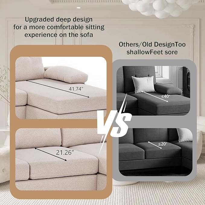 Chireca 111" Sectional Couch for Living Room, Modern Polyester Fibre U Shaped Sofa Couches with Double Chaise, Upholstered 4 Seater Sofa for Living Room, Apartment, Office, Beige