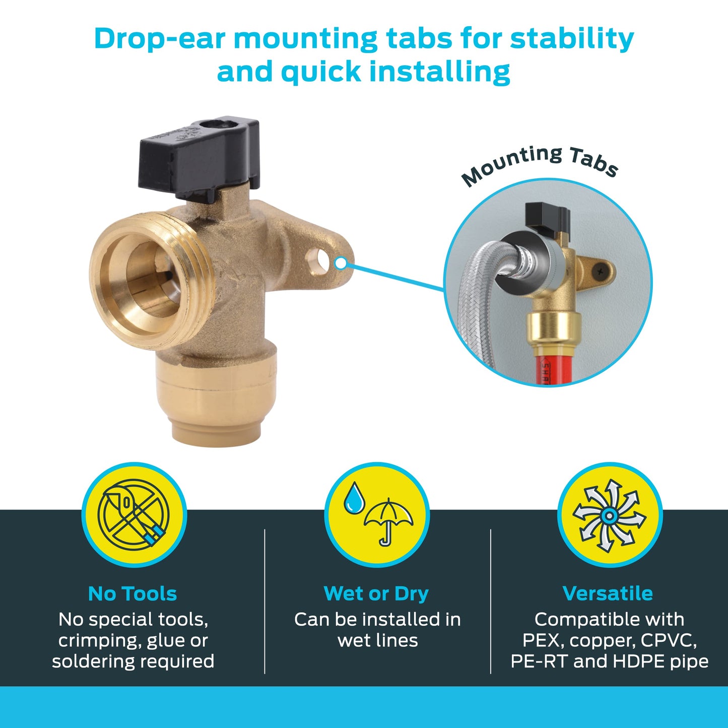 SharkBite 1/2 Inch x 3/4 Inch MHT Washing Machine Angle Valve, Push To Connect Brass Plumbing Fitting, PEX Pipe, Copper, CPVC, PE-RT, HDPE, 25560LF