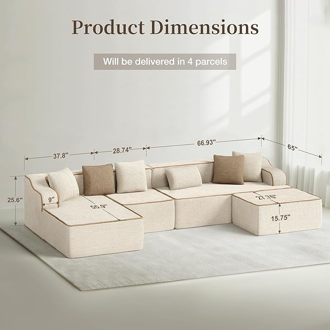 SUNSHINE VALLEY U Shaped Boneless Modular Cloud Couch, 133.5'' Oversized Corduroy Sectional Sofa for Living Room, 6-Seat Upholstered Modern Couch with Deep Seat, No Assembly Required, Beige