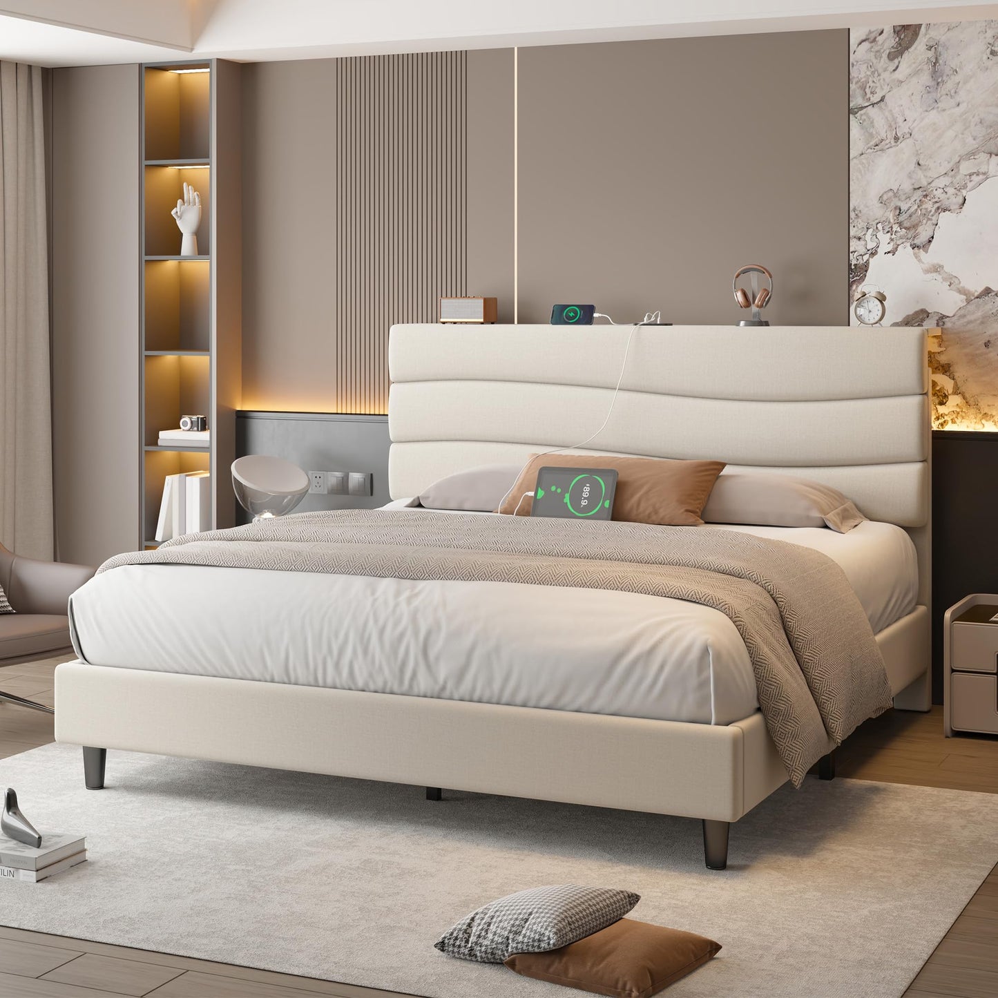 EnHomee Queen Bed Frame with Fabric Upholstered Headboard, Storage Headboard and 3 Charging Stations, Queen Size Bed Frame with Wooden Slats, Noise-Free, No Box Spring Needed, Beige