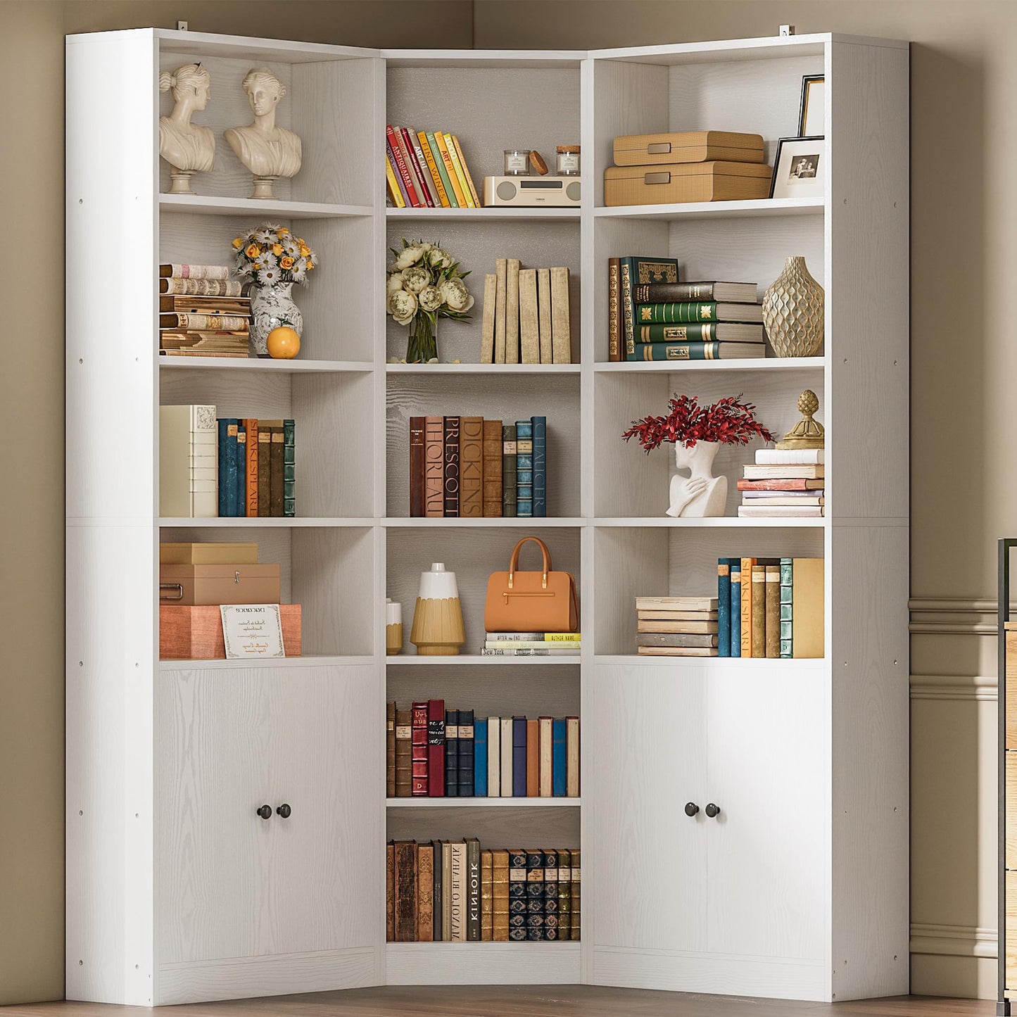 IRONCK Corner Bookshelf and Bookcase with 2 Storage Cabinets and 7 Tier Shelves, 71" Height Storage Shelves Corner Combination, White