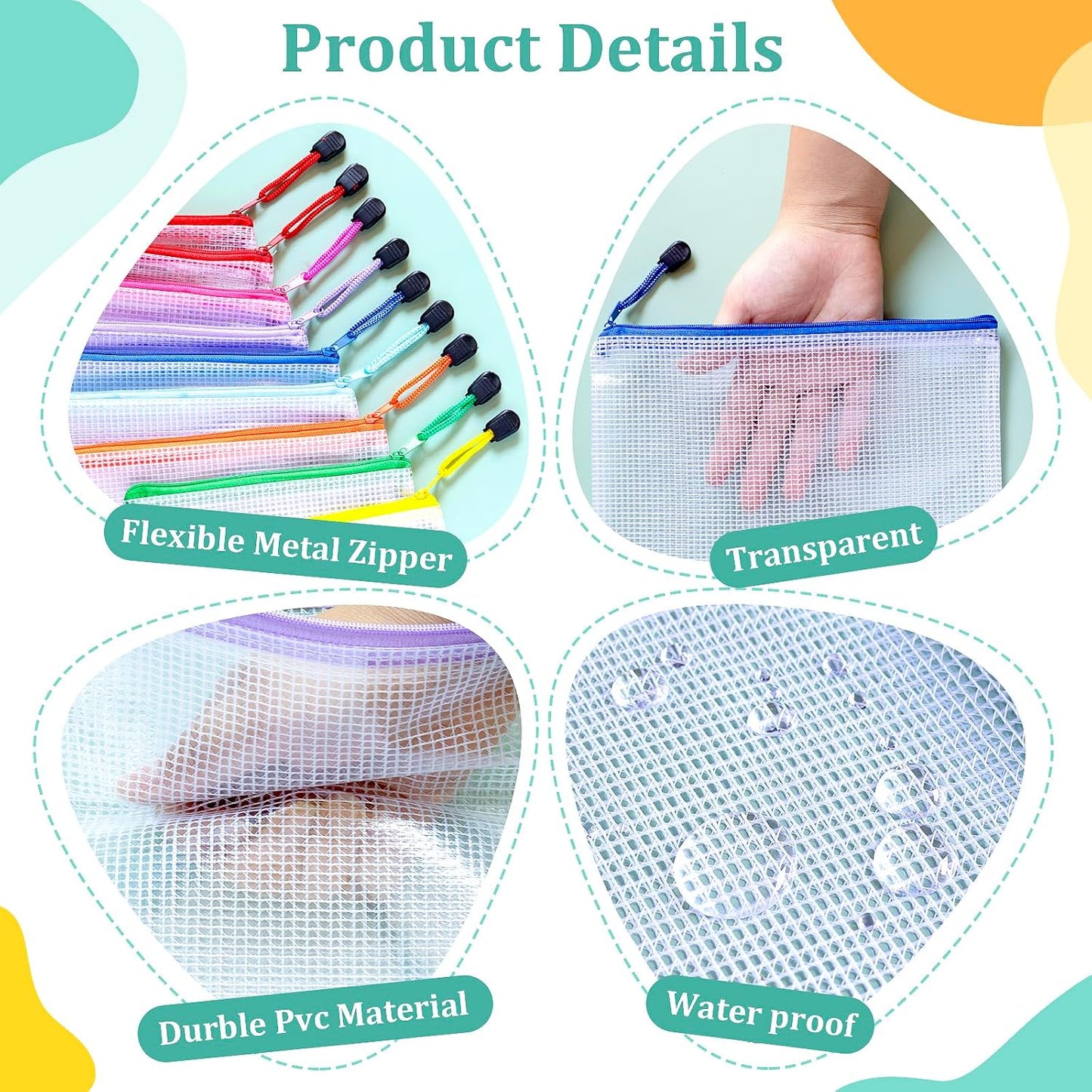 9pcs Mesh Zipper Pouch Bags, A3 Sizes, 9 Colors, Board Game Storage, Travel, School, Office Organize