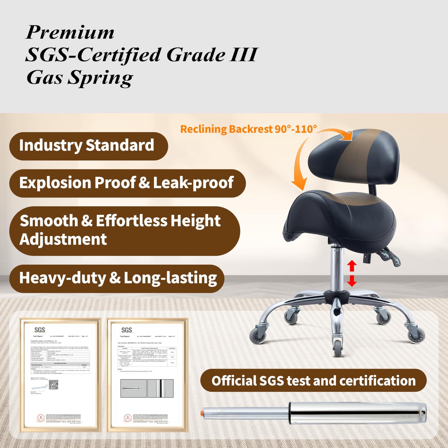 Saddle Stool with Adjustable Lumbar Support - Heavy Duty 400LB Hydraulic Rolling Stool Chair with Backrest, 19"-25" Height Adjustable with Quiet Wheels for Salon, Dental, Tattoo, Massage, Home Office