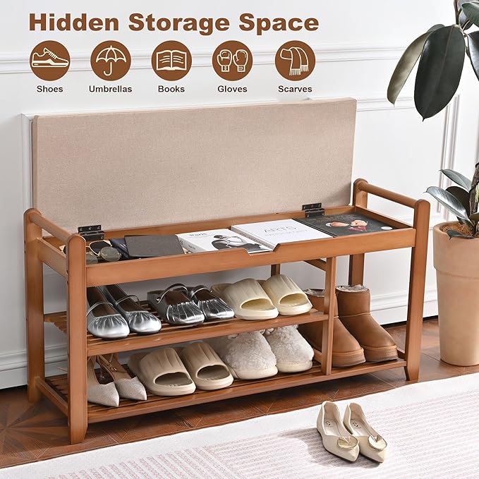 Homman 39.4in Shoe Rack Bench, Shoe Storage Bench with Lift Top Hidden Storage, Entryway Bench Holds Up to 330lb for Bedroom Living Room
