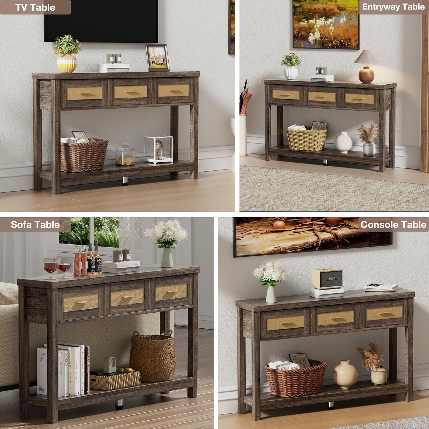 Alaxgumrol 51.2" Console Table, Industrial 2-Tier Narrow Sofa Table Entryway Table with 3 Drawers, Wood Accent Tables with Storage Shelf for Living Room, Hallway, Foyer, Entrance Bedroom Gray Oak