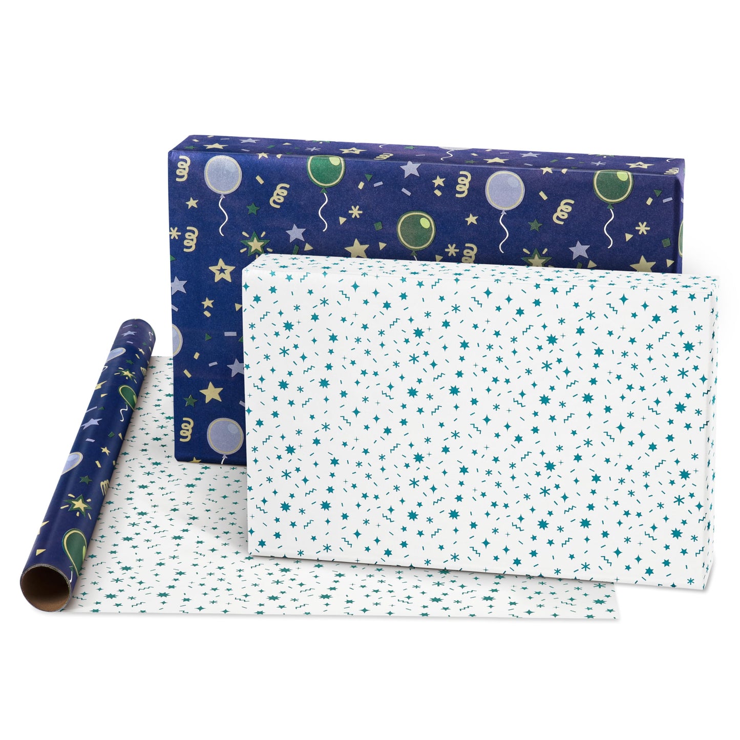 American Greetings 160 sq. ft. Reversible Wrapping Paper Bundle for Birthdays, Baby Showers and All Occasions, Balloons, Blue Polka Dots and Plaid (4 Rolls, 30 in. x 16 ft.)