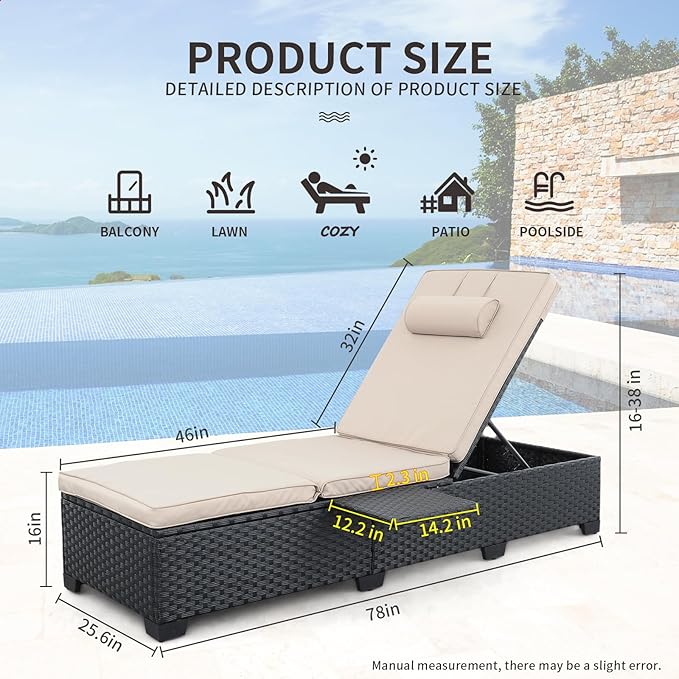 WAROOM Outdoor Chaise Lounge Chairs for Outside Patio Furniture Set of 2 Wicker Recliner Black Rattan Reclining Pool Sunbathing Chair Adjustable Backrest Lounger with Khaki Cushion