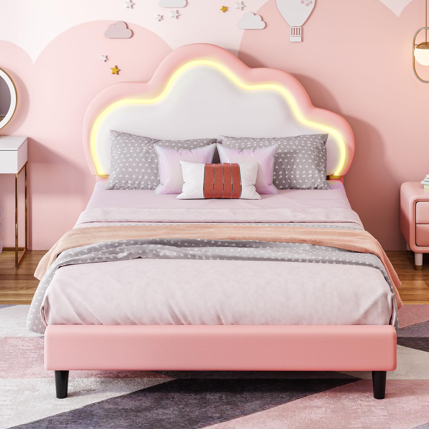 GOOBED Twin Size Bed Frame, Upholstered LED Bed Frame with Adjustable Cloud Headboard, Platform Bed Frame with Wooden Slats Support, No Box Spring Required, Easy Assembly, Pink