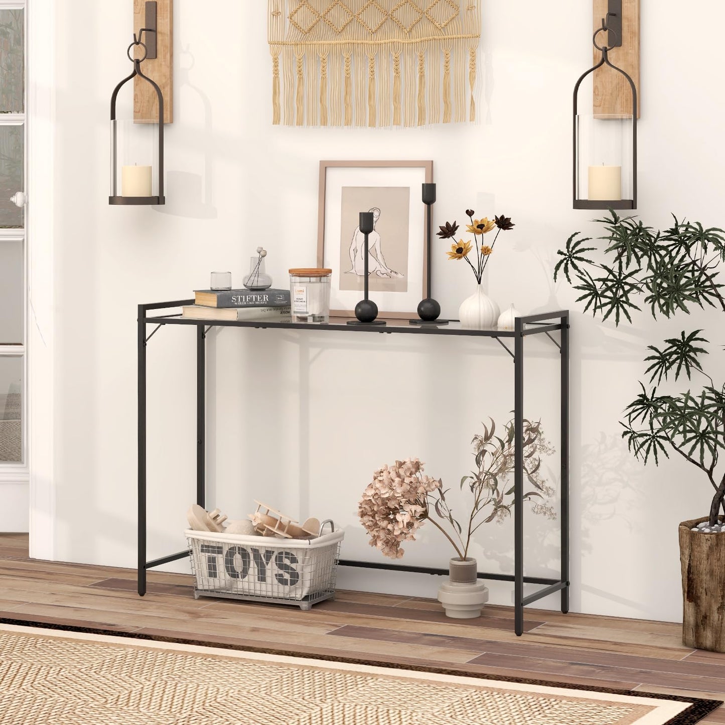 Livofloral 40.6" Tempered Glass Console Table for Entryway, Narrow Console Tables with Storage, Hallway Table for Entryway, Living Room, Black Console Tables Behind Couch, Modern Style, Easy Assemble