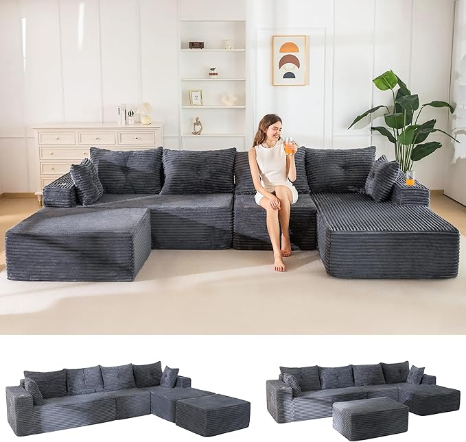 MAXYOYO 132" Giant U-Shaped Modular Sectional Couch, Modern Boneless Couch for Living Room, Sofa in A Box, Oversized Sofa Sleeper with Deep Seat, No Assembly Required, Dark Grey