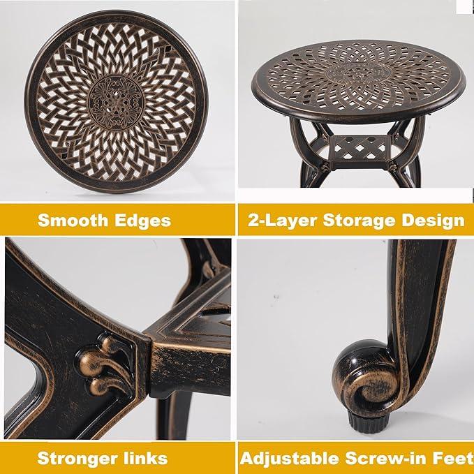 WILOUNGE Cast Aluminum Outdoor Side Table,Small Patio Table,Outdoor Coffee Tables for Patio,Garden,Balcony, for All Weather (Copper, Round)