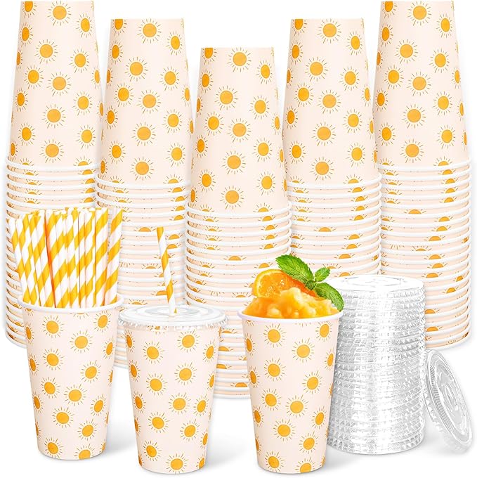 JarThenaAMCS 50 Set Boho Sun Paper Cups with Lids and Straws 16Oz Disposable Cute Sunshine Iced Coffee Tea Cups for Tea Bi...