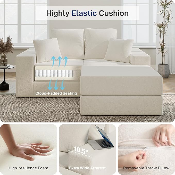 Cloud Modular Sectional Sofa, Comfy Boneless Couch for Living Room, Modern L-Shaped Couch with Reversible Chaise, Customizable Sleeper Sofa with Non Slip, No Assembly & Deep Seat, Beige