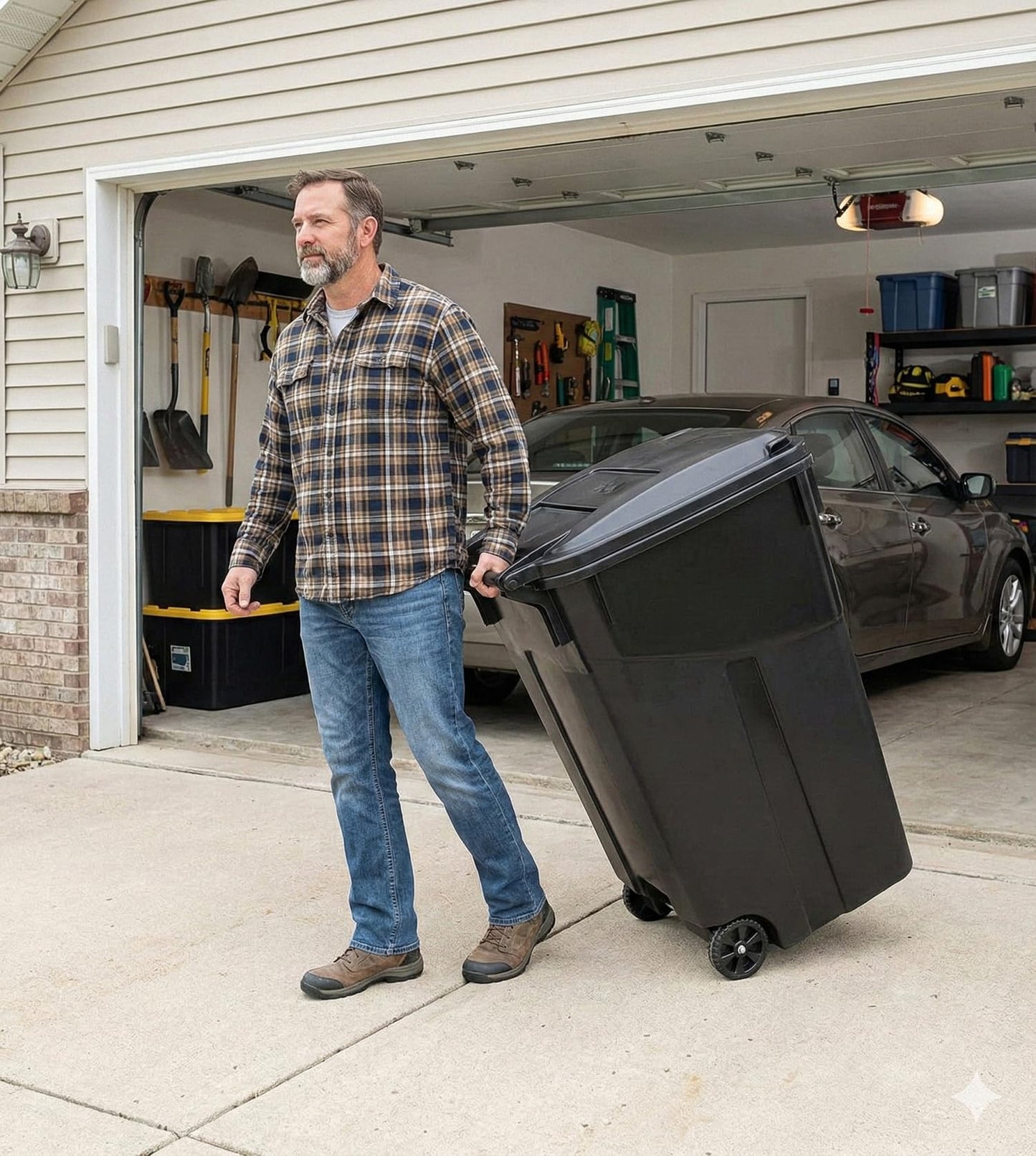 45 Gallon Large Trash Can with Attached Lid & Wheels Heavy Duty Wheeled Garbage Trash Can with Handle Heavy Duty Plastic Garbage Cans Click Lock Lid Design Perfect for Both Indoor Or Outdoor Use