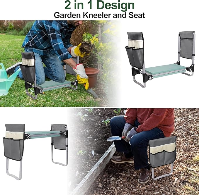 LUCKYERMORE Foldable Garden Kneeler and Seat, New Generation Gardening Stool with 2 Tool Pouches, with Wider&Softer EVA Kneeling Pad, Gardening Gifts for Parents Seniors, Lightweight & Heavy Duty