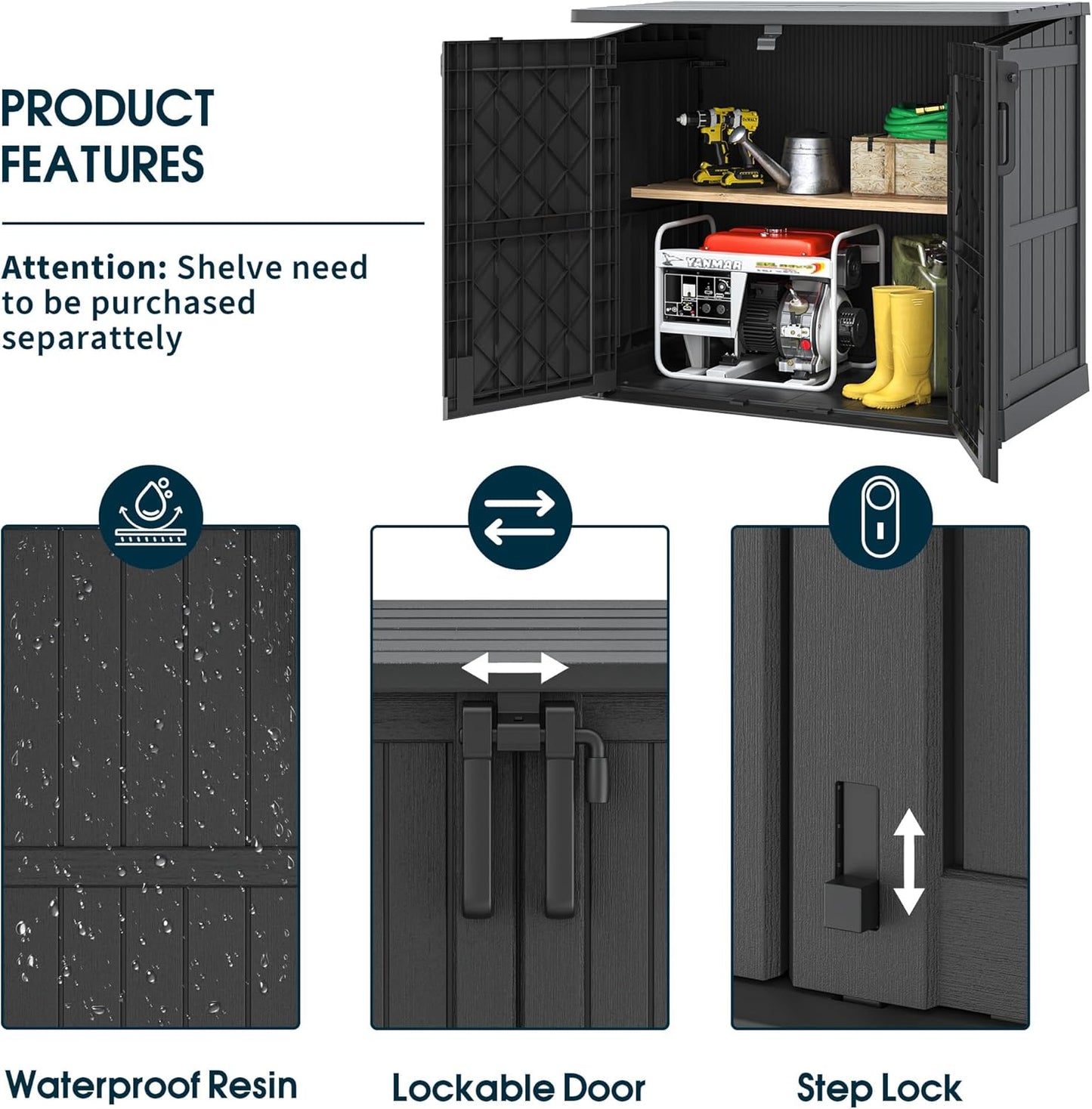 NUNU LAB Outdoor Storage Cabinet 36 Cu.Ft Garden Storage Shed Waterproof Lockable for Garden Hoses, Generator, and Lawn Mower
