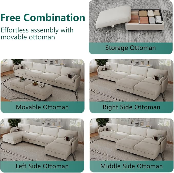 OhaiAura Modular Sectional U Shaped Sofa Couches for Living Room, Cloud Couch with Storage Ottoman, Comfy Chenille Sofa with Pillow, Beige