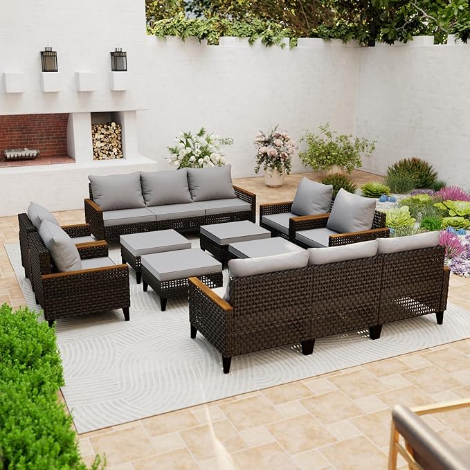 Xmkmvk 14 Piece Patio Sectional Sofa Furniture Set, All-Weather Wicker Rattan Outdoor Conversation Set with High Back and Thick Cushions, for Garden, Porch, Poolside, Gray