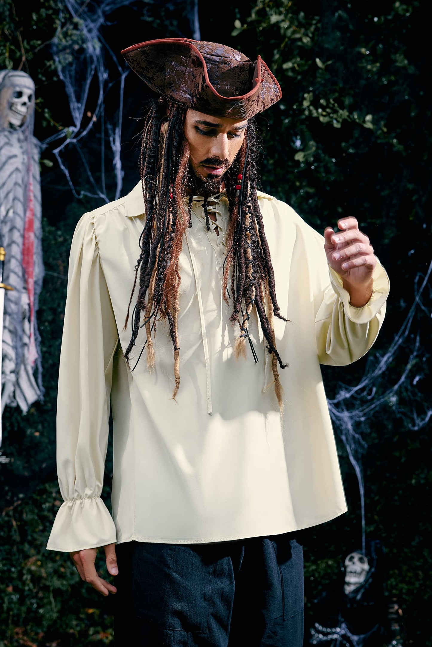 Mens Pirate Medieval Shirt Renaissance Costume Cosplay Victorian Gothic Tee Viking Vampire Tops Beige
