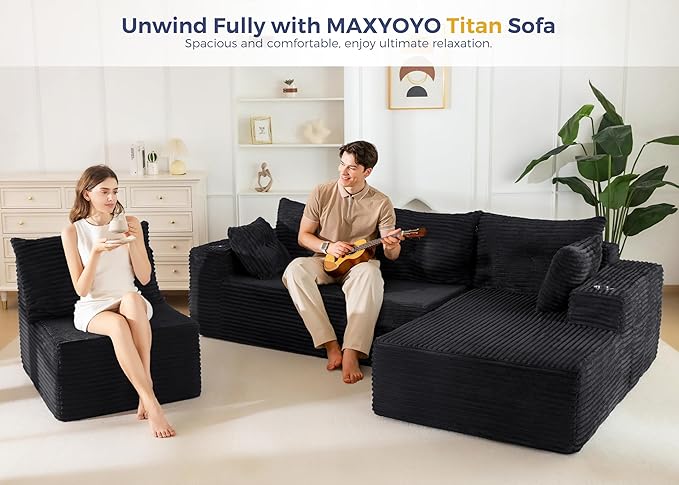 MAXYOYO 132" Oversize Modular Sectional Couch with L-Shape Chaise, Modern Boneless Couch for Living Room, Sofa in A Box, Oversized Sofa Sleeper with Deep Seat, No Assembly Required, Black