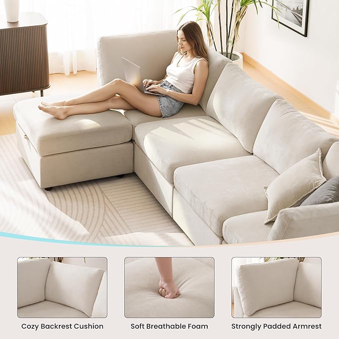TEKAMON 123" Modular Sectional Sofa with Ottoman,Extra Large Comfy Cloud Deep Seat, Reversible Chaise Modular Sectional Couches for Living Room and Apartmenr,Beige 4seater