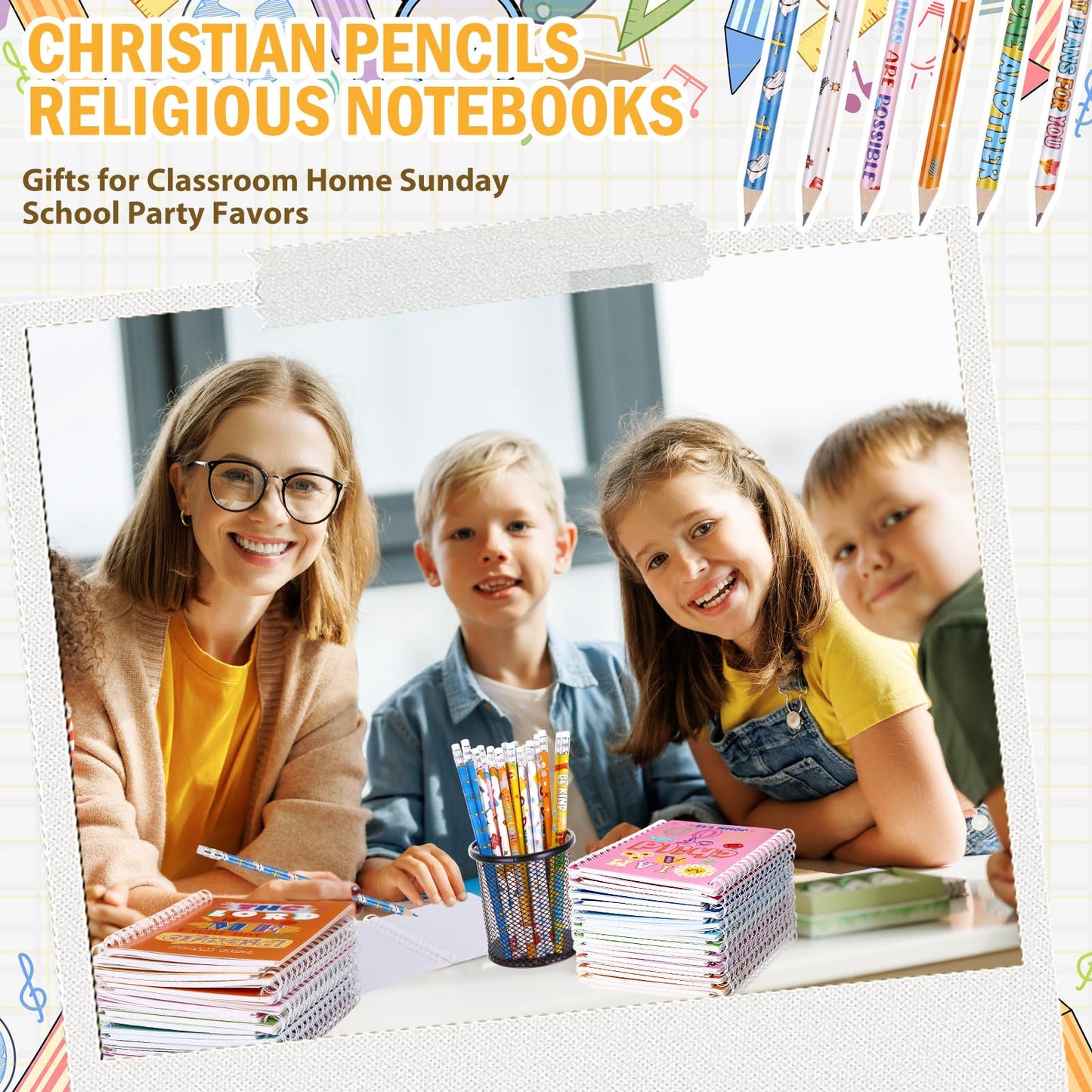 Crtiin 48 Pcs Include 24 Bible Verse Notepad 24 Pencils Kids Christian Church Gifts Students Classroom Award Religious Notebook Bible Pencils Prayer Pocket Sunday School(Classic Style,Eclectic)