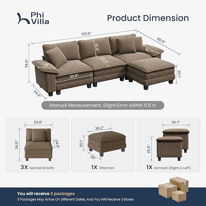 PHI VILLA Cloud Modular Couch Sets, 123.6" Sectional Sofa with L-Shaped Chaise, 4-Seater Upholstered Couches with Movable Ottoman for Living Room, Chenille Fabric, Taupe