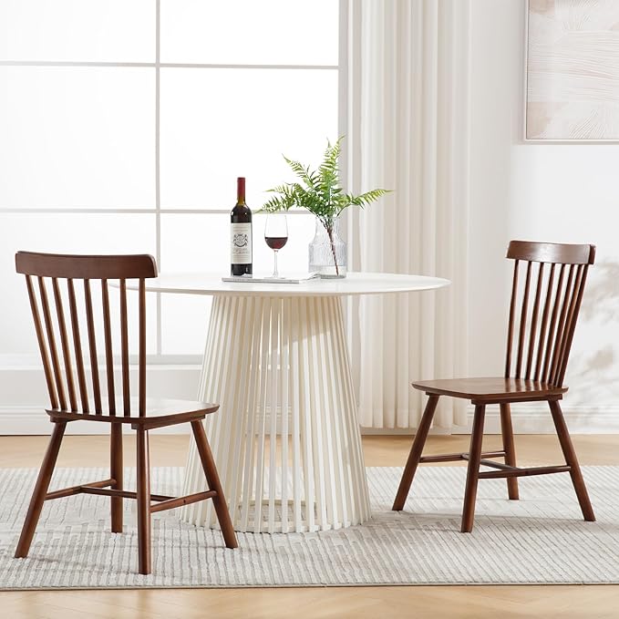 LZAREAL Farmhouse Dining Chairs Set of 2 Wooden Kitchen Chairs Mid Century Modern Spindle Chair French Country Windsor Dining Chairs for Dinning Room Kitchen Restaurant Bar Canteen Library, Walnut