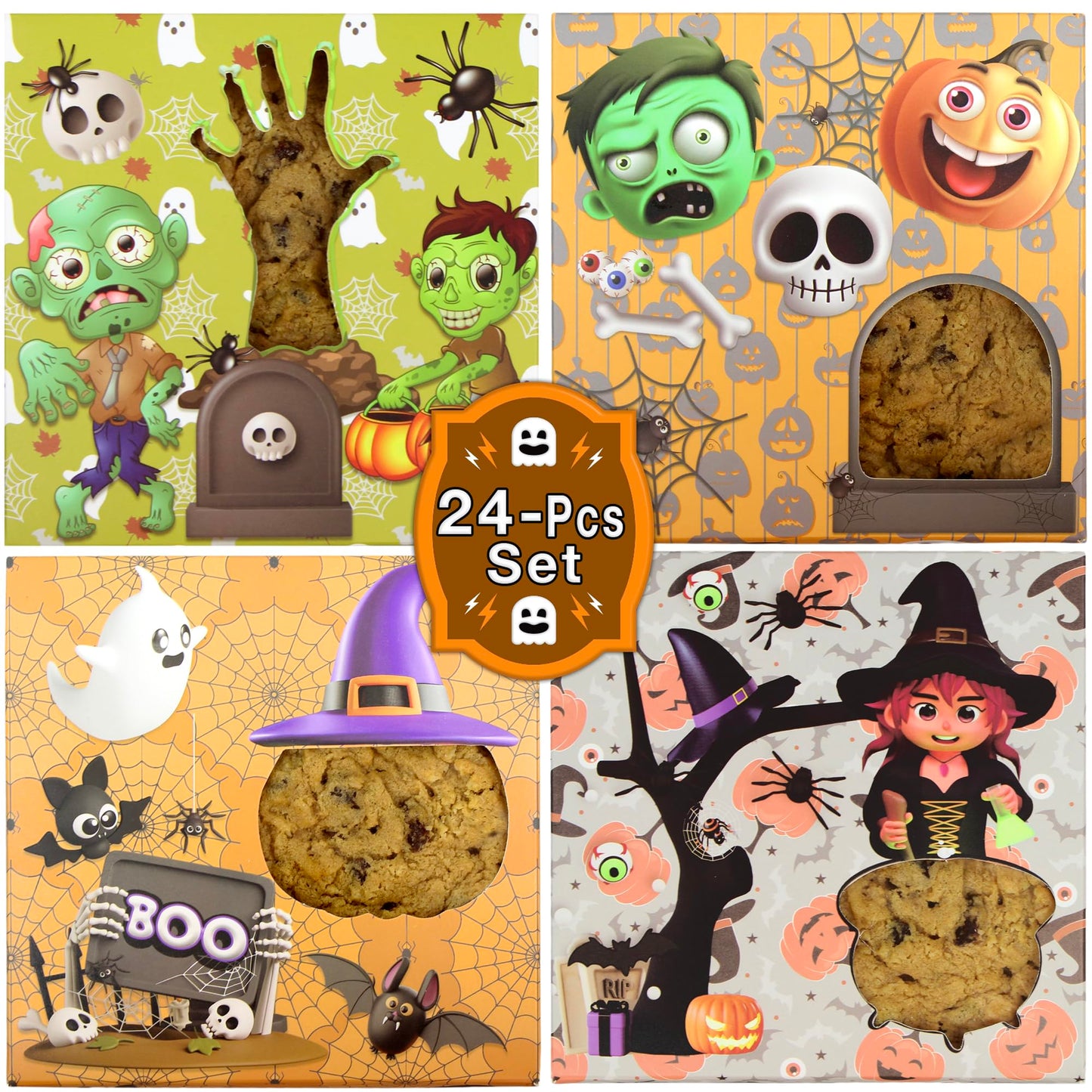 BASHOUT Halloween Cookie Boxes | 24 Pcs Variety Pack with 4 Unique Designs | 5" x 5" Inch Treat Boxes for Gift Giving & Candy Display