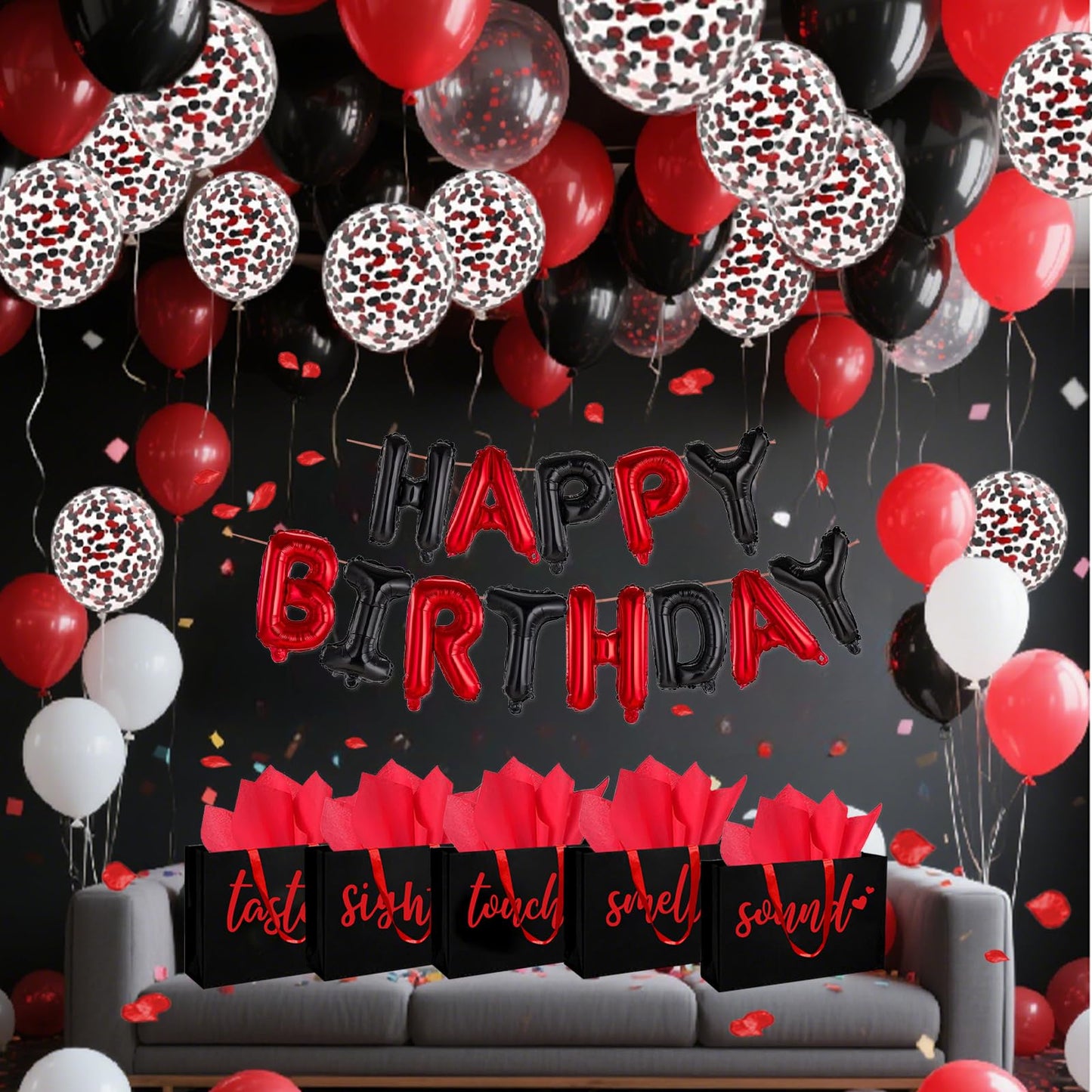 5 Senses Gift Bags Five Senses Birthday Party Decorations with Tissue Paper, Rose Petals and Happy Birthday Banner Balloons Five Senses Gift for Him Husband Boyfriend (Red black)