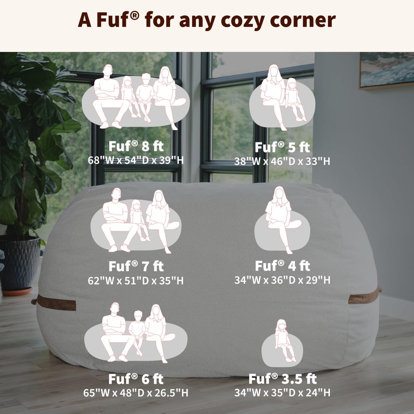Big Joe Fuf 8Ft Giant Foam Bean Bag Chair, Oversized Couch with Removable Cover for Kids, Teens, Adults, Vanilla Latte Corded Plush, 8 Foot