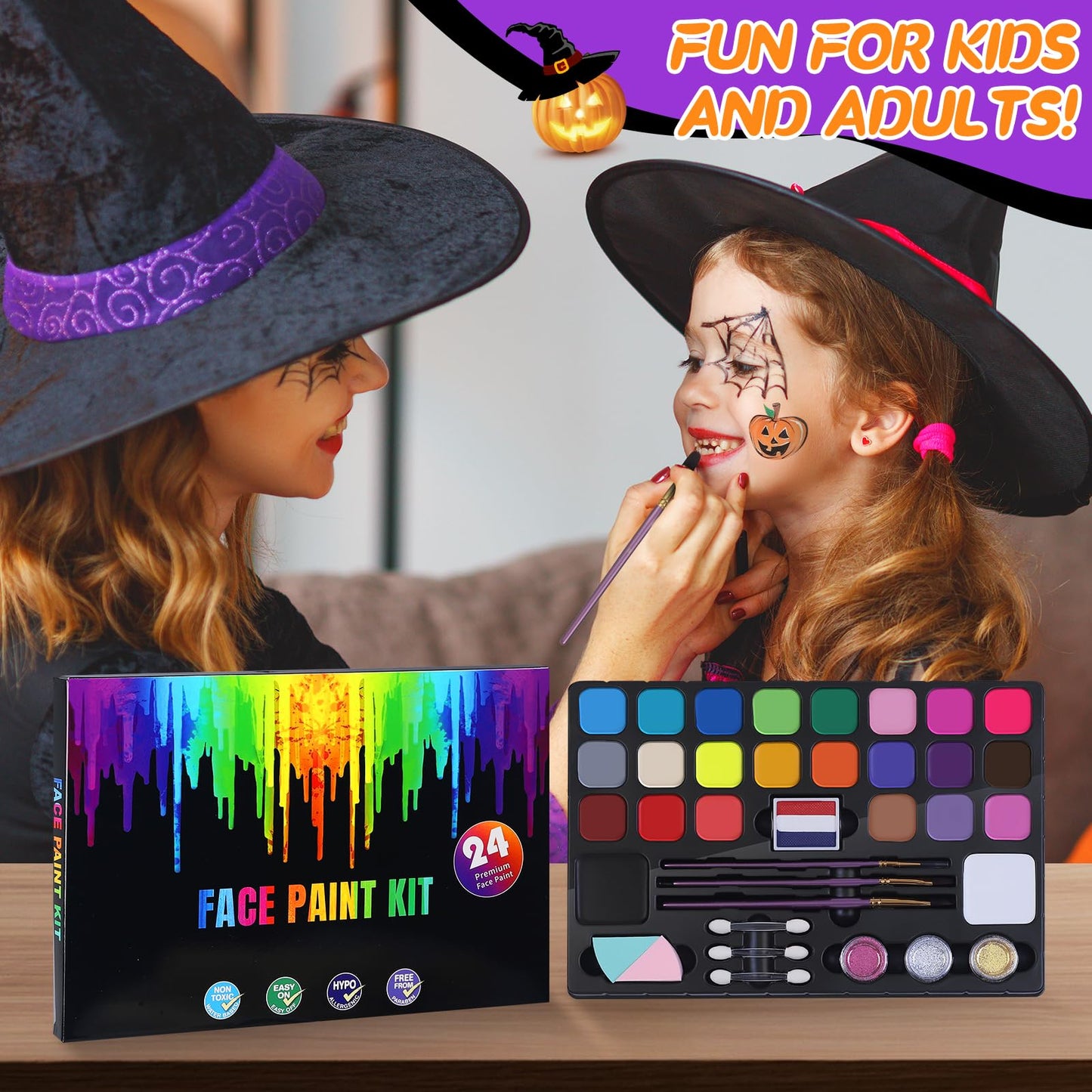 Face Painting Kit for Kids - 24 Colors Non-Toxic Face Paint Kit with Stencils & Paint Brush-Professional Body Makeup Kit for Parties,Birthdays,Halloween,Christmas