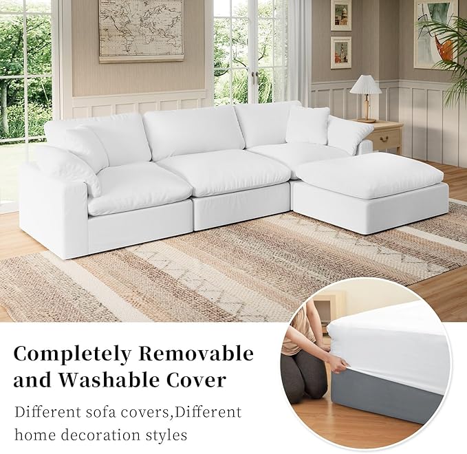 Forest aesthetics Modular Sectional Sofa Cloud Couch,Down Filled Comfy Cloud Modern Sofa,White Linen L Shape Oversized Couch Cushion Covers Removable Furniture for Living Room