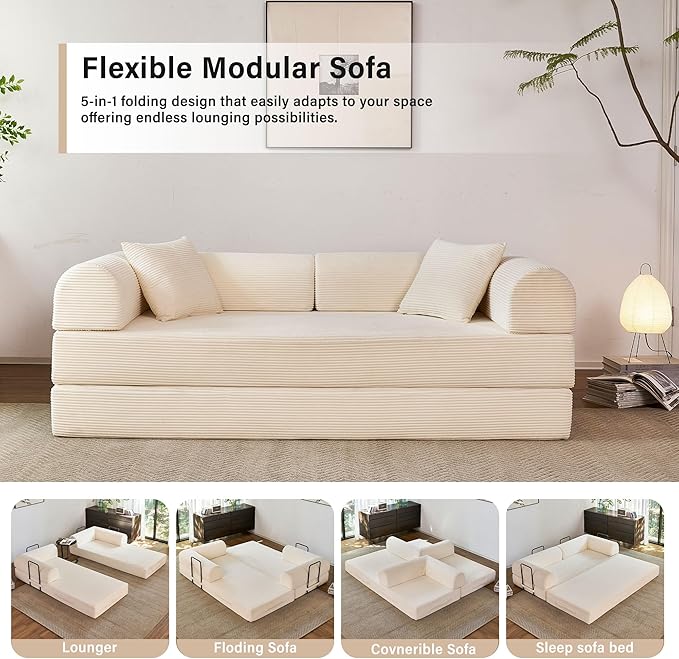 79" 5-in-1 Folding Convertible Sofa Bed, Oversized Corduroy Futon Floor Couch with Pull-Out Sleeper, Modular Boneless Loveseat for Small Spaces, Living Room, Bedroom (White1)