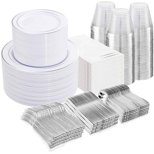 NOCCUR 700PCS Silver Plastic Plates Disposable for 100 Guests - Include 100 Dinner/Dessert White Plastic Plates with Silver Trim,300 Cutlery,100 Cups,100 Napkins for Party&Christmas