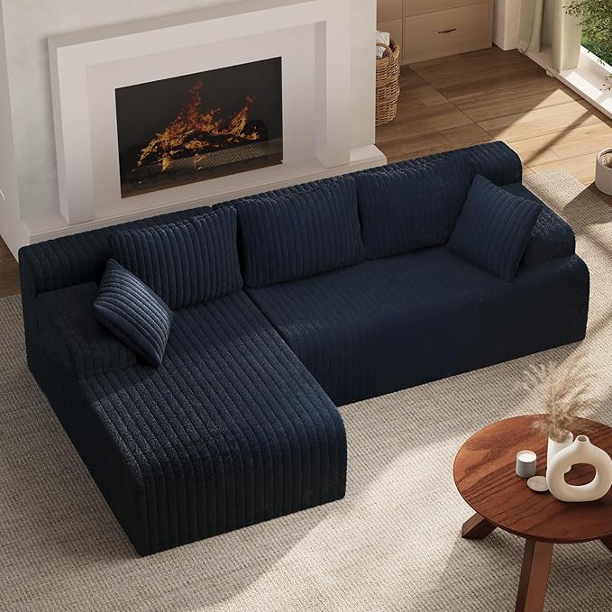 LAUSAINT HOME 96" Modular Sectional Sofa Couches, L-Shaped Boneless Cloud Sofa with 3 Deep Seat, 5 Cushiones Oversized Chaise for Living Room, Bedroom, Plush Corduroy Fabric (Left, Navy Blue)