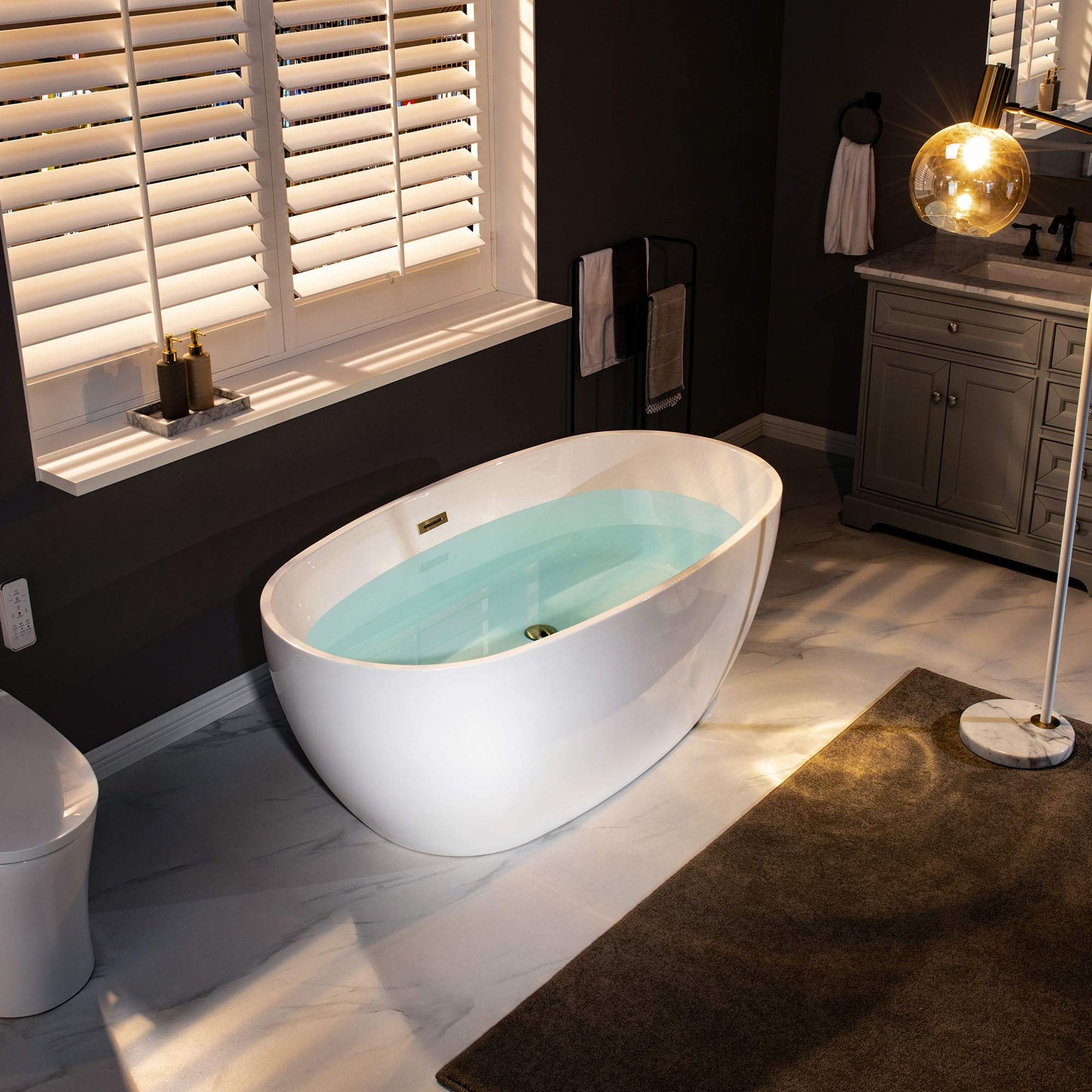 WOODBRIDGE 59" Acrylic Freestanding Bathtub Contemporary Soaking White Tub with Brushed Gold Overflow and Drain，BTA1518 -BG-Drain &O