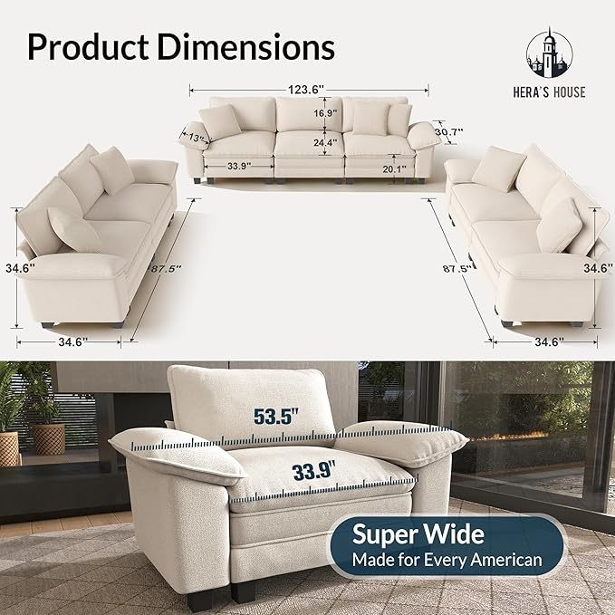 HERA'S HOUSE 3 Pieces Modular Sectional Sofa Sets, Oversized Couch Set with Loveseats, Comfy Cloud Couches with Throw Pillows, 7-Seater Deep Seat Sofa for Living Room, Chenille Beige