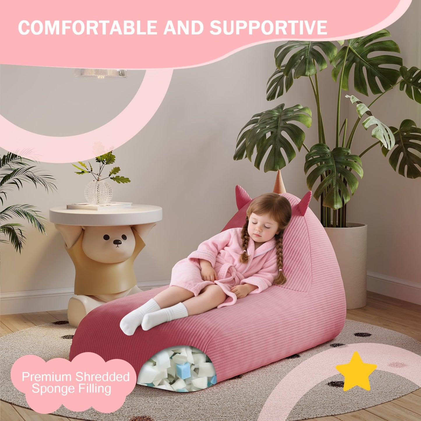 COMAX Bean Bag Chairs for Kids, Unicorn Kid Beanbag Chair with Filler, Toddler Lounge Bean Chair Corduroy, Lazy Floor Lounger for Girls and Boys Stuffed, Pink