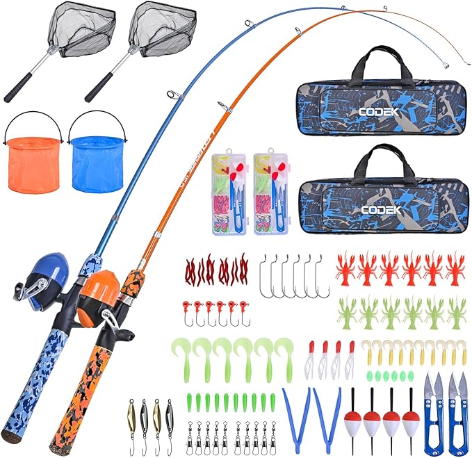 CODEK Kids Fishing Pole Set with Full Starter Kits 2 Set Portable Telescopic Fishing Rod and Reel Cambos for Boys Girls To...
